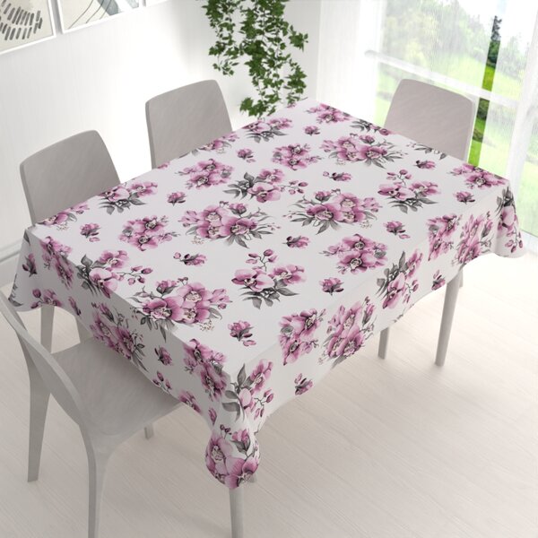 Biante Bavlnený obdĺžnikový obrus Sandra SA-623 Lila orchidey na bielom 50x100 cm