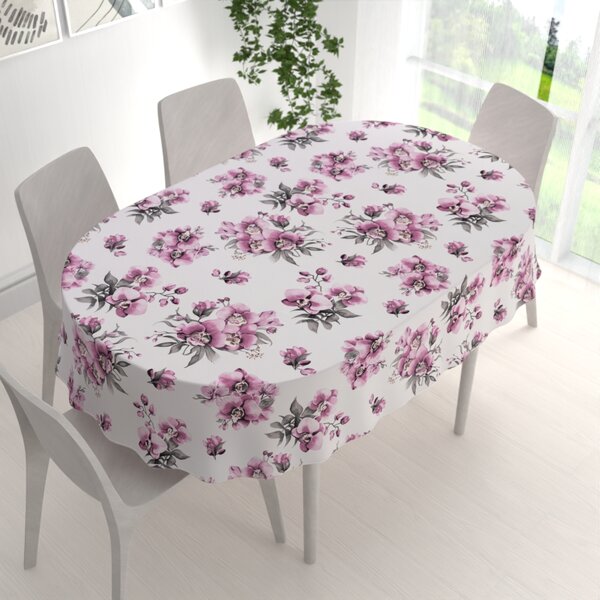 Biante Bavlnený oválny obrus Sandra SA-623 Lila orchidey na bielom 50x100 cm