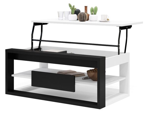 FRAME Biely mat / Čierny mat - MODERNÝ STÔL SO ZDVÍHACÍM VRCHOM + ÚLOŽNÝM PRIESTOROM + POLICA