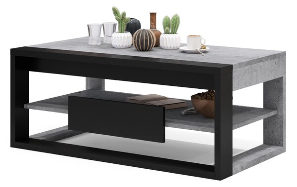 FRAME Beton Millenium / Čierny mat - MODERNÝ STÔL SO ZDVÍHACÍM VRCHOM + ÚLOŽNÝM PRIESTOROM + POLICA