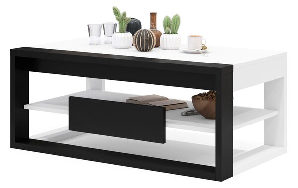FRAME Biely mat / Čierny mat - MODERNÝ STÔL SO ZDVÍHACÍM VRCHOM + ÚLOŽNÝM PRIESTOROM + POLICA