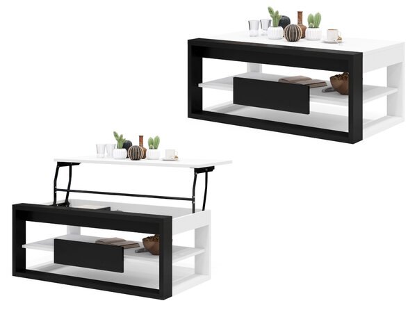 FRAME Biely mat / Čierny mat - MODERNÝ STÔL SO ZDVÍHACÍM VRCHOM + ÚLOŽNÝM PRIESTOROM + POLICA