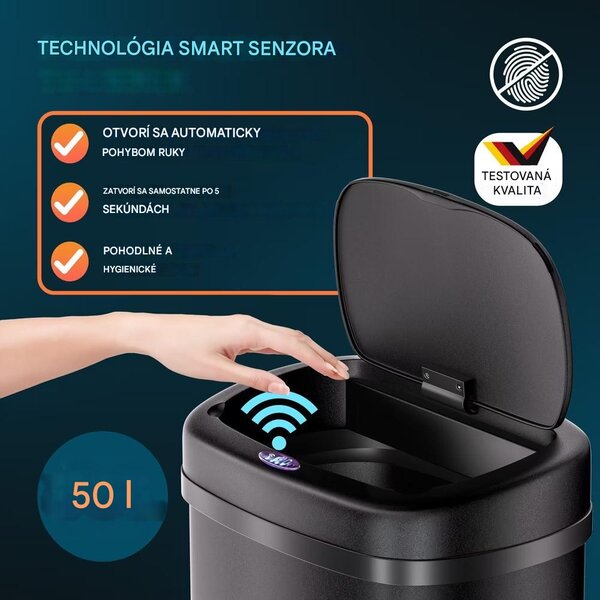 Bezdotykový hranatý odpadkový kôš s USB 50 L - čierny