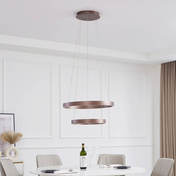 Lucande Smart LED závesné svietidlo Yonam, káva, 2 svetlá, Tuya, Hnedá / hrdzavá, Obývacia izba / jedáleň, Hliník, Moderný, Závesné svietidlo