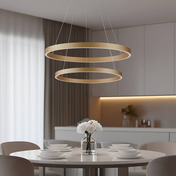 Lucande Smart LED závesné svietidlo Yonam, zlaté, 2 svetlá, Tuya, Mosadz / zlato, Obývacia izba / jedáleň, Hliník, Moderný, Závesné svietidlo