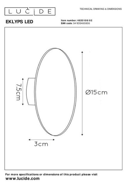 Lucide L462010602 LED nástenné svietidlo EKLYPS | 6W integrovaný LED zdroj | 360lm | 3000K
