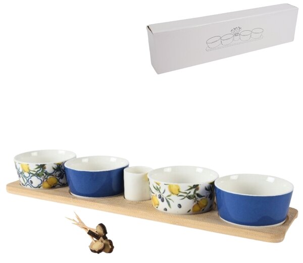 Sada porcelánových tapas misiek na drevenom podnose