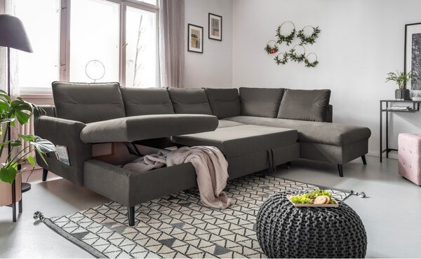 Tmavosivá zamatová rozkladacia pohovka do "U" Miuform Stylish Stan, pravý roh