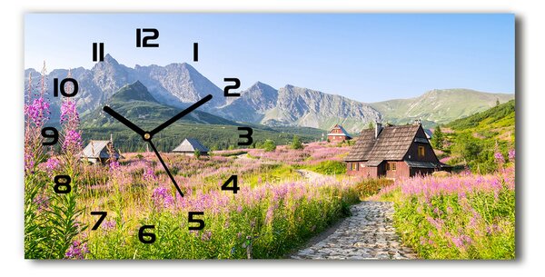 Vodorovné Sklenené hodiny na stenu Domčeky v horách