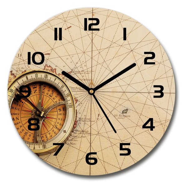 Sklenené nástenné hodiny okrúhle Kompas na mape