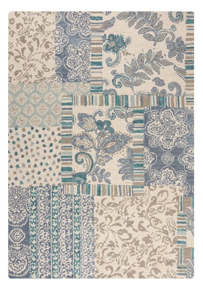 Modrý/béžový ručne tkaný vlnený koberec 120x170 cm Eloise Patchwork – Flair Rugs