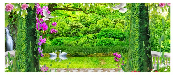 Obraz - Čarovná záhrada s labuťami (120x50 cm)