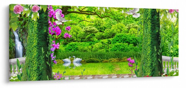 Obraz - Čarovná záhrada s labuťami (120x50 cm)