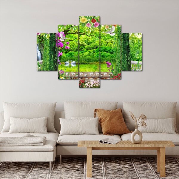 Obraz - Čarovná záhrada s labuťami (150x105 cm)
