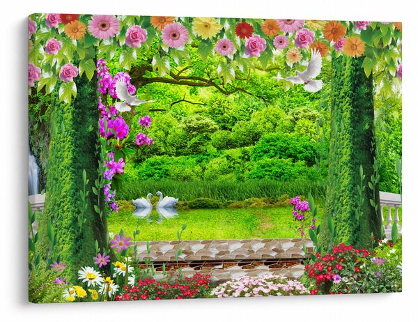 Obraz - Čarovná záhrada s labuťami (70x50 cm)