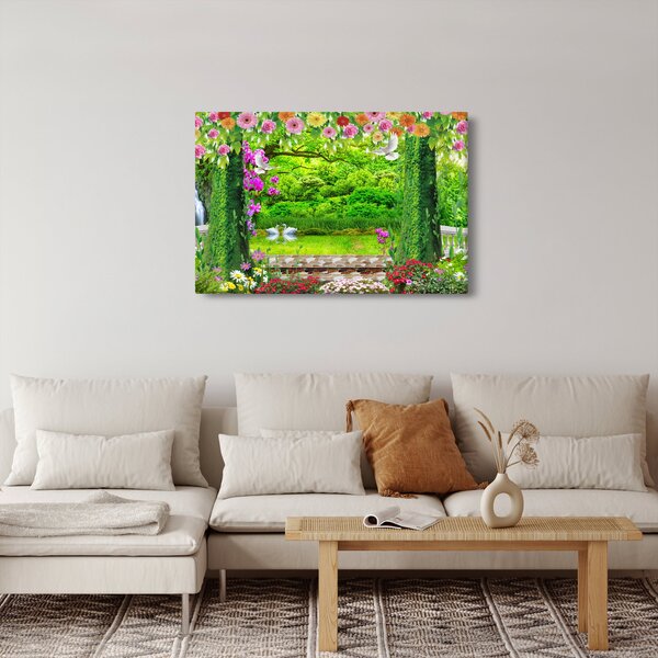 Obraz - Čarovná záhrada s labuťami (90x60 cm)
