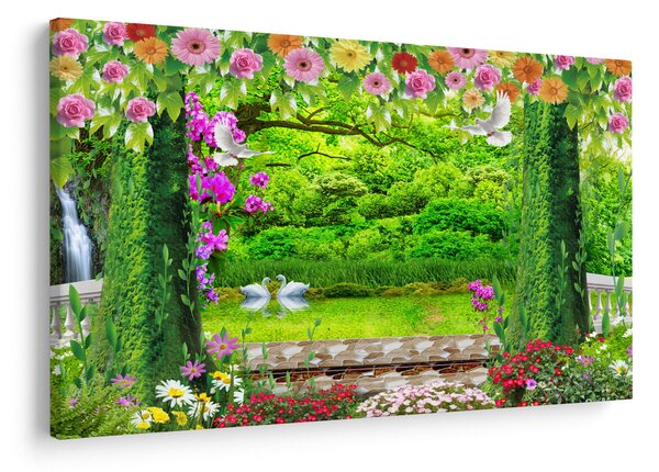 Obraz - Čarovná záhrada s labuťami (90x60 cm)