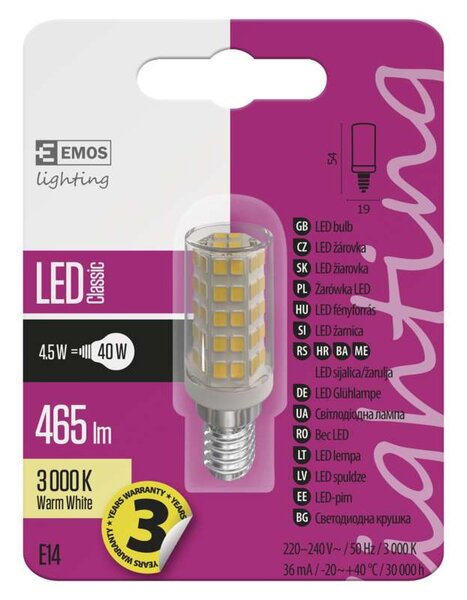 ZQ9140 EMOS LED žiarovka JC A++ 4,5W/E14 3000K