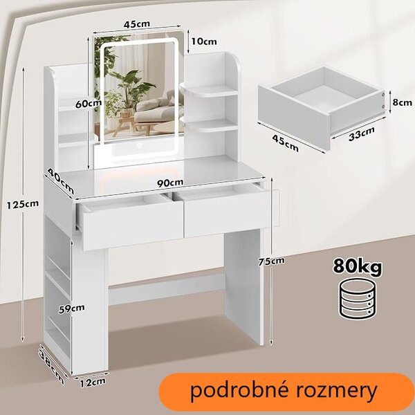 LADY toaletný stolík s LED osvetlením, biely