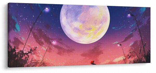 Obraz - Žena a pes pri splne (120x50 cm)