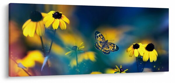 Obraz - Žltý motýľ s kvetmi (120x50 cm)