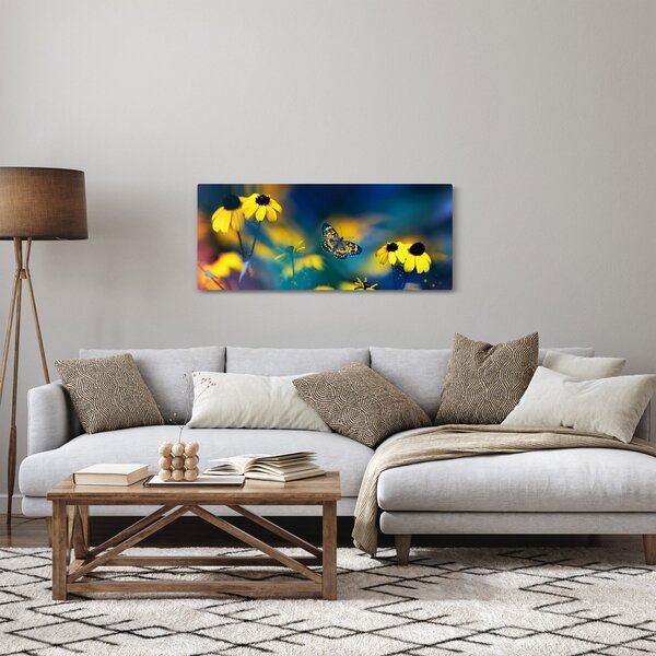 Obraz - Žltý motýľ s kvetmi (120x50 cm)