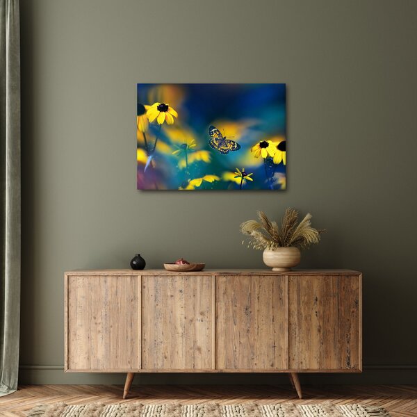 Obraz - Žltý motýľ s kvetmi (70x50 cm)