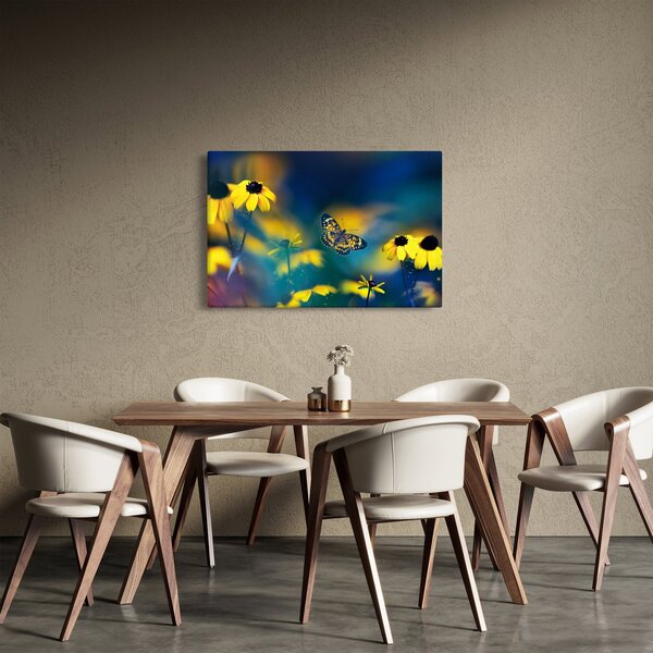 Obraz - Žltý motýľ s kvetmi (90x60 cm)