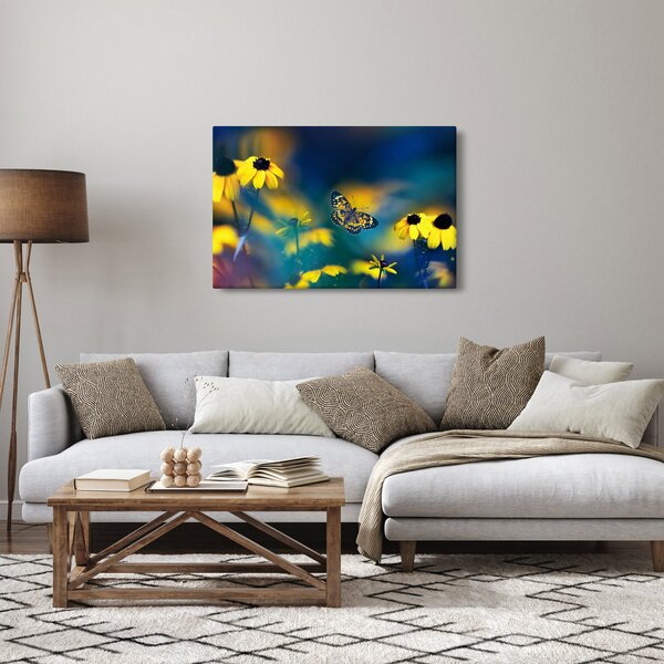 Obraz - Žltý motýľ s kvetmi (90x60 cm)