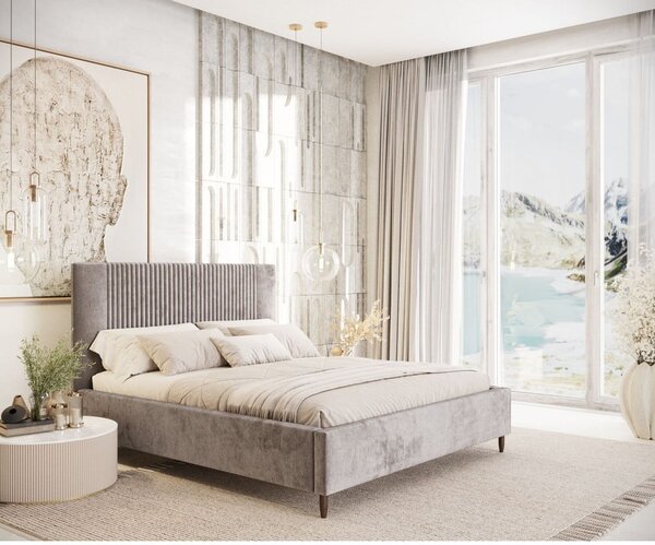 Béžová čalúnená dvojlôžková posteľ s úložným priestorom s roštom 180x200 cm Etero – Maison de Rêve
