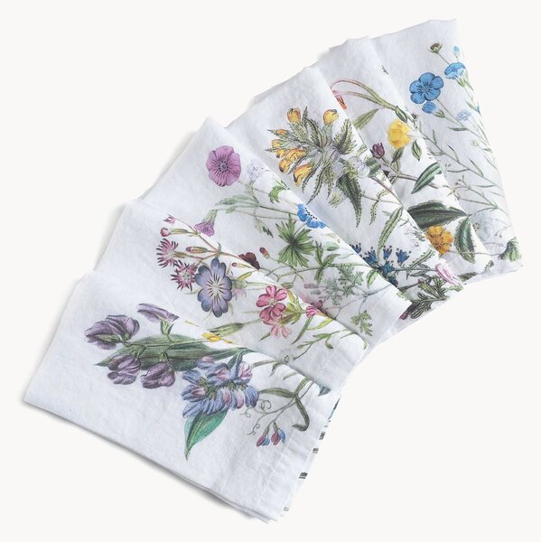Ľanové obrúsky Wild Flowers White, 6 ks