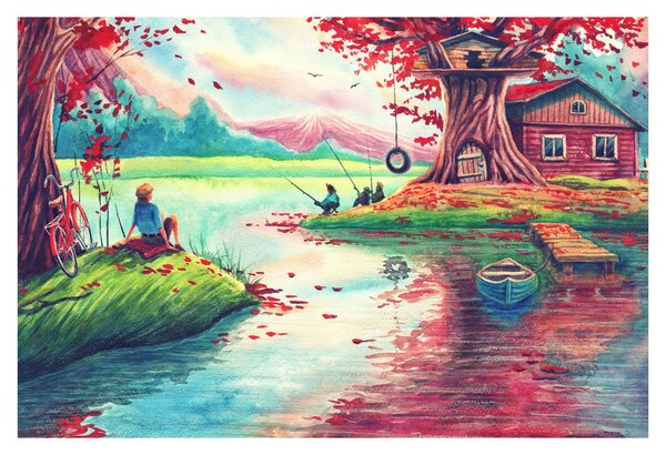 Obraz - Aquarel, Zátoka v horskej dedinke (90x60 cm)
