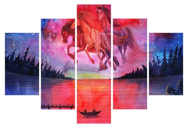 Obraz - Zjavenie vesmírnych koní nad jazerom, aquarel (150x105 cm)