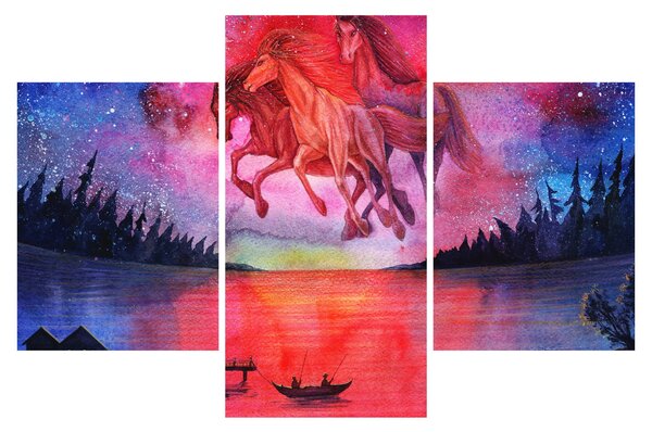 Obraz - Zjavenie vesmírnych koní nad jazerom, aquarel (90x60 cm)