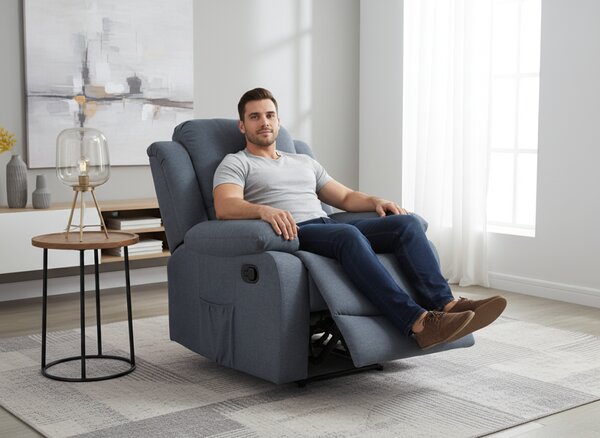 Relaxačné polohovacie TV kreslo DUVAL — látka, sivá, nosnosť 130 kg