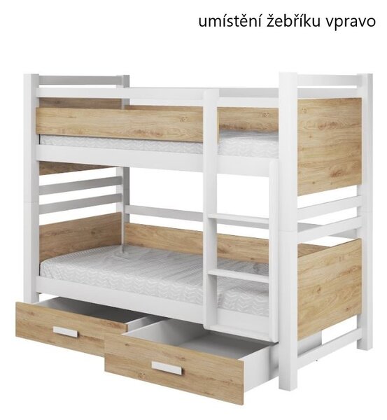 MAXMAX Detská poschodová posteľ z masívu borovice JANIS so šuplíkmi - 180x80 cm - biela/dub artisan