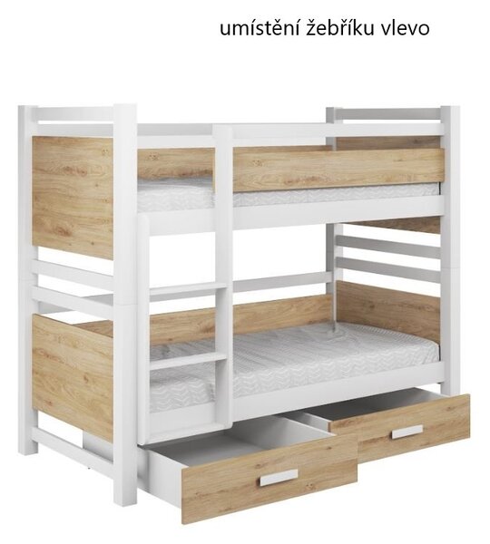 MAXMAX Detská poschodová posteľ z masívu borovice JANIS so šuplíkmi - 180x80 cm - biela/dub artisan