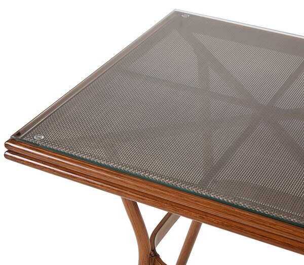 Záhradný stôl tmavé drevo sivá hliník bezpečnostné sklo 80 x 80 cm štvorcový pre 4 osoby moderný rustikálny štýl záhrada exteriér