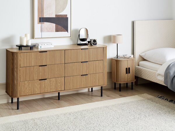 Komoda svetlé drevo čierne nohy MDF kov retro 6 zásuviek úložný priestor obývacia izba spálňa