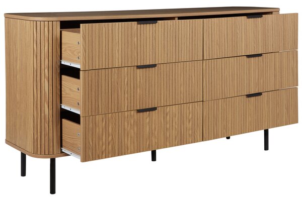 Komoda svetlé drevo čierne nohy MDF kov retro 6 zásuviek úložný priestor obývacia izba spálňa