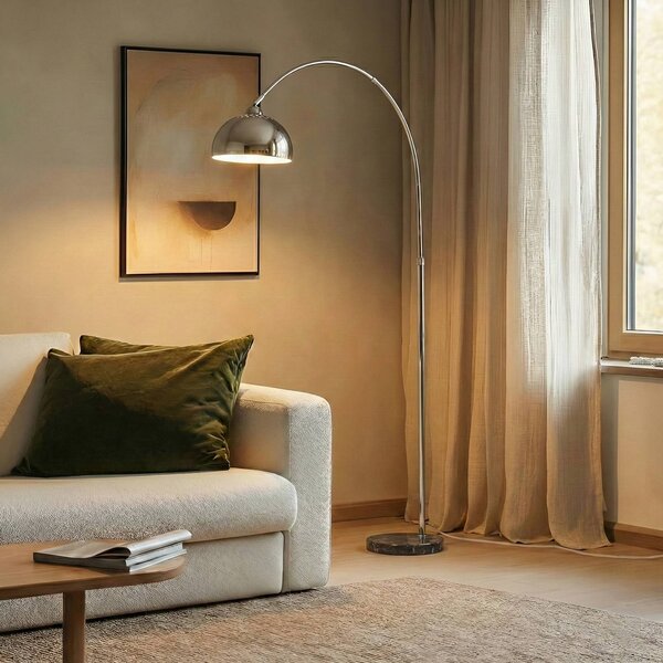 Lindby Stojacia lampa Tonka, chróm, kov/mramor, 185 cm, E27, Chrómová / strieborná, Obývacia izba / jedáleň, kov, Moderný, Oblúková stojaca lampa