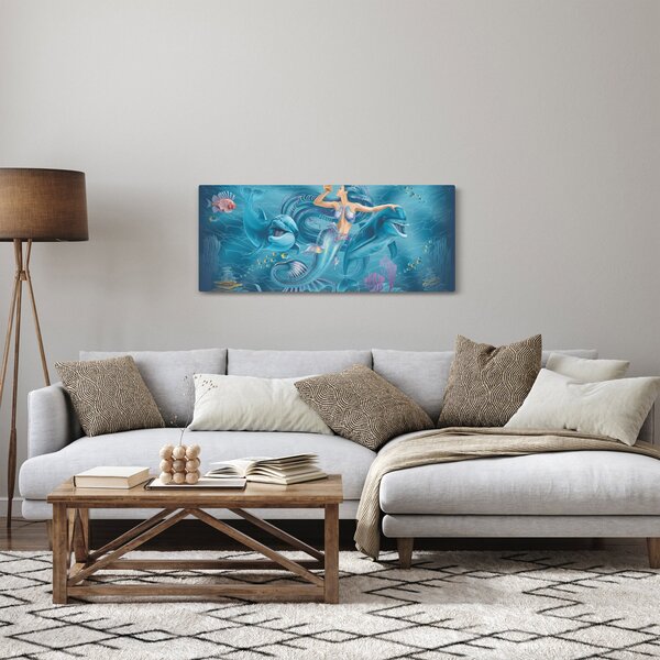 Obraz - Morská víla s delfínmi (120x50 cm)