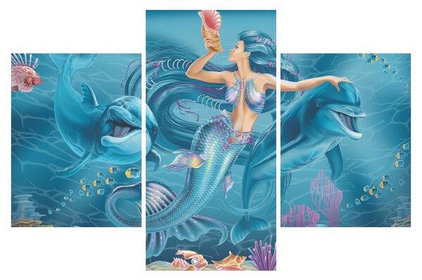 Obraz - Morská víla s delfínmi (90x60 cm)