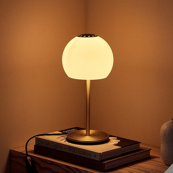 FRANDSEN Stolová lampa Ball Glass, pieskovo sivá, sklo, 37 cm, E14, Krémová / jantárovo žltá, Obývacia izba / jedáleň, Sklo, Dizajn, Stojaca lampa