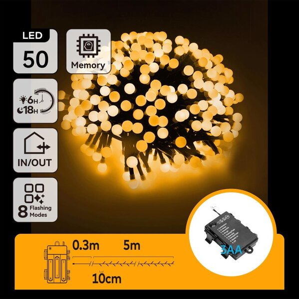 Aigostar - LED Vonkajší vianočný reťaz 50xLED/8 funkcií 3xAA 5,3m IP44 teplá biela