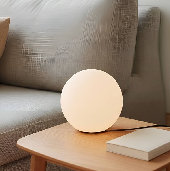 Stolná lampa Lindby Marike, biela, sklo, guľa, Ø 25 cm, E27, Biela / opálová, Obývacia izba / jedáleň, Sklo, Moderný, Guľa