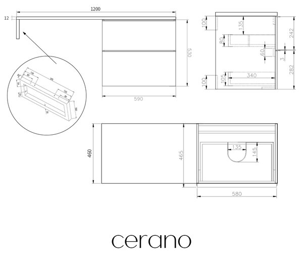 CERANO - Kúpeľňová skrinka Velora - čierna matná, úchytka chróm + doska z lit. mramoru Elanys - 12 mm + konzola chróm - 120x54,2x46,5 cm