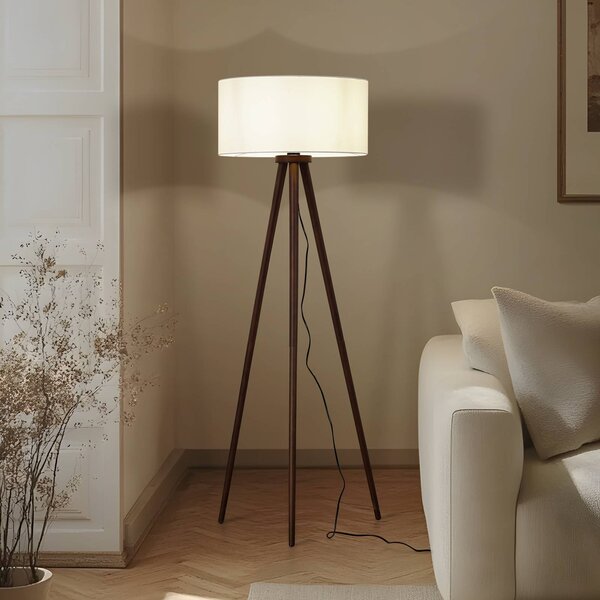 Lindby stojacia lampa Charlia, biela, orechové drevo, výška 150 cm, Tmavé drevo, Obývacia izba / jedáleň, Textil / látka / hodváb, Škandinávsky, Stojaca lampa