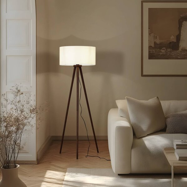 Lindby stojacia lampa Charlia, biela, orechové drevo, výška 150 cm, Tmavé drevo, Obývacia izba / jedáleň, Textil / látka / hodváb, Škandinávsky, Stojaca lampa