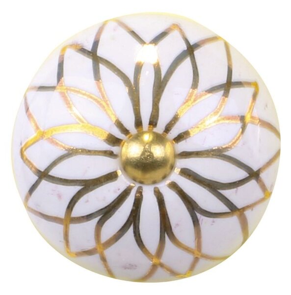 Biela antik porcelánová úchytka s mosadzným kvetom Cruz - Ø 4*6,5 cm - Chic Antique